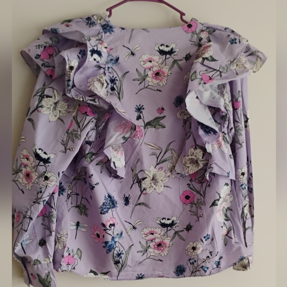 H&M Purple Lilac Pink Floral Bird Botanical Ruffle Balloon Sleeve Top SIZE 14 XL - Picture 6 of 13